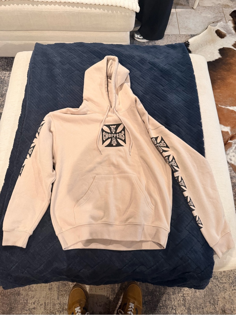 Beige Graphic Pullover Hoodie with Sleeve Prints - Men